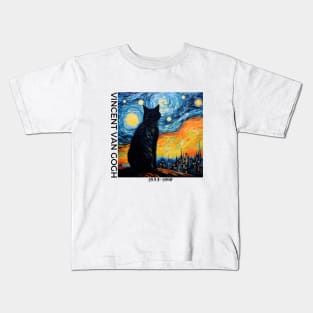 Vincent Van Gogh Artstyle, classic vincent van gogh painting, cat and starry night painting, oil painting, black cat, funny cat Kids T-Shirt